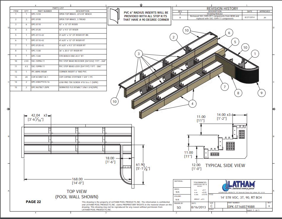 14' Straight Step Polymer 90 Deg. 3-Tread 6" Radius w/ Right Bench